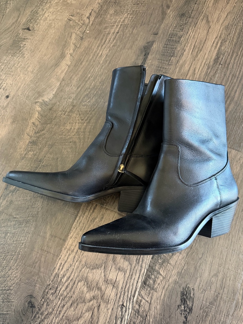 Zara Black Leather Pointed Ankle Boots with Block Heel